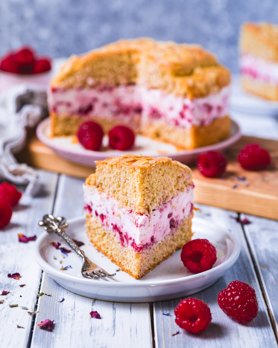 healthy bee sting cake with raspberries