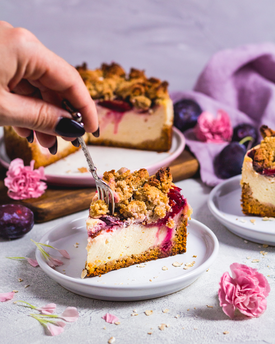 vegan crumble cheesecake with plums