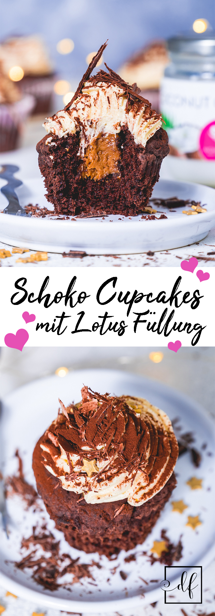 gesunde, vegane Schoko Muffins mit Lotus Füllung und Buttercreme
