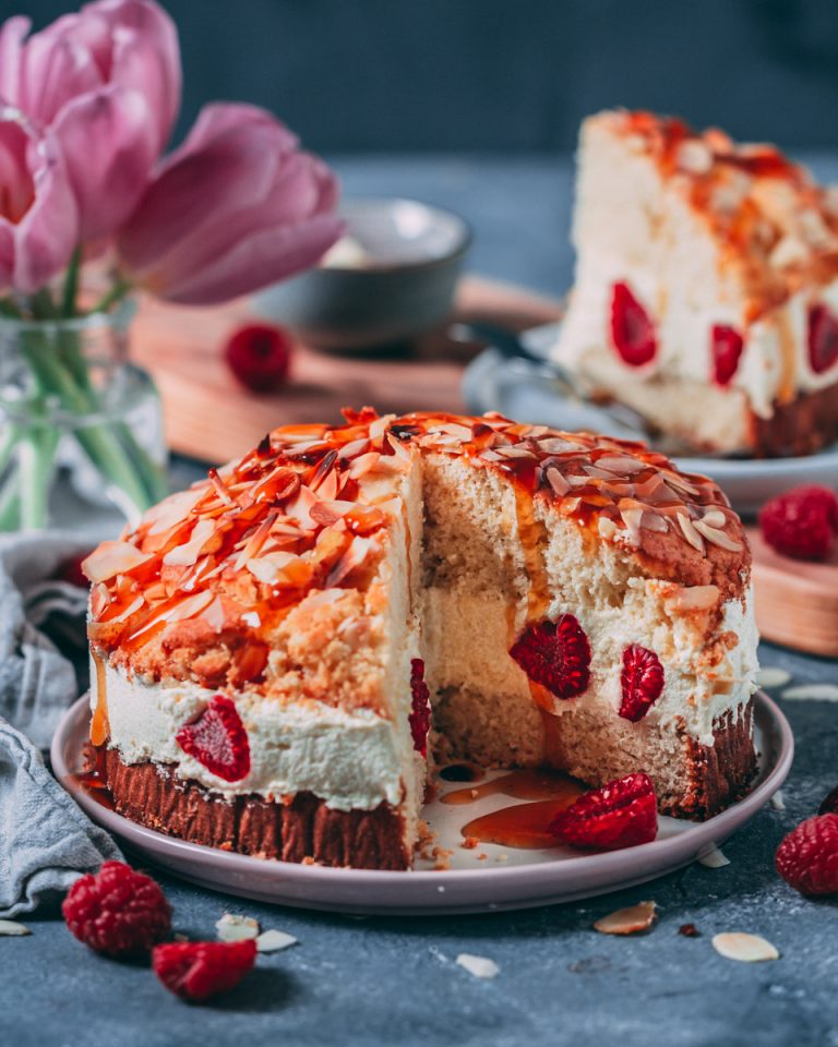 ?Bienenstich Kuchen mit Himbeeren | vegan, glutenfrei, zuckerfei, lecker